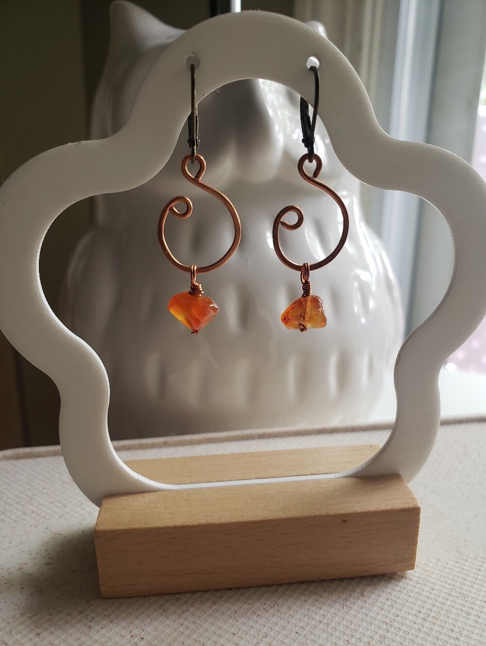 Handmade Copper Spiral Earrings with Amber Beads